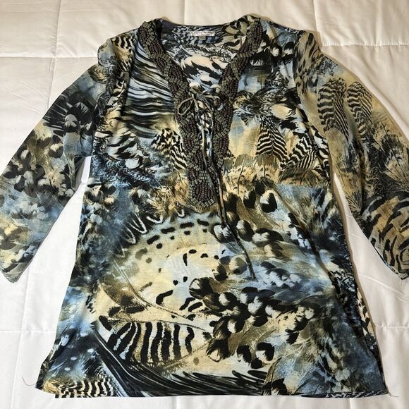 ALBERTO MAKALI Blue Green Floral Print Beaded Lace Up V-Neck Size L Sheer Sleeve - Picture 6 of 11